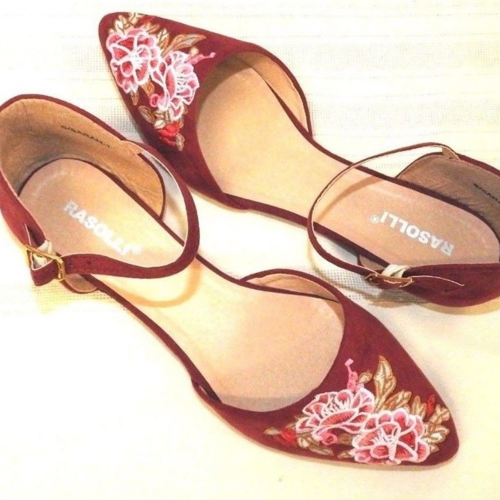 Womens Ankle Strap Flats Shoes Microsuede Burgundy